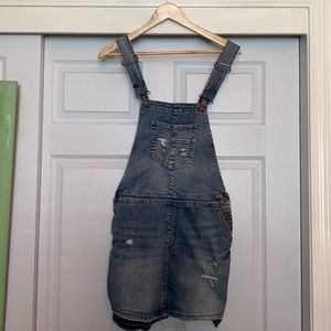 Jean skirt overalls, distressed overalls